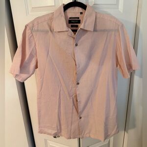 Kenneth Cole Light Pink Short Sleeve Casual Button Down Linen Blend Shirt